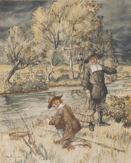 Illustration of Piscator and Venator, by Arthur Rackham. From Rackham's 1931 illustrated edition of The Compleat Angler.